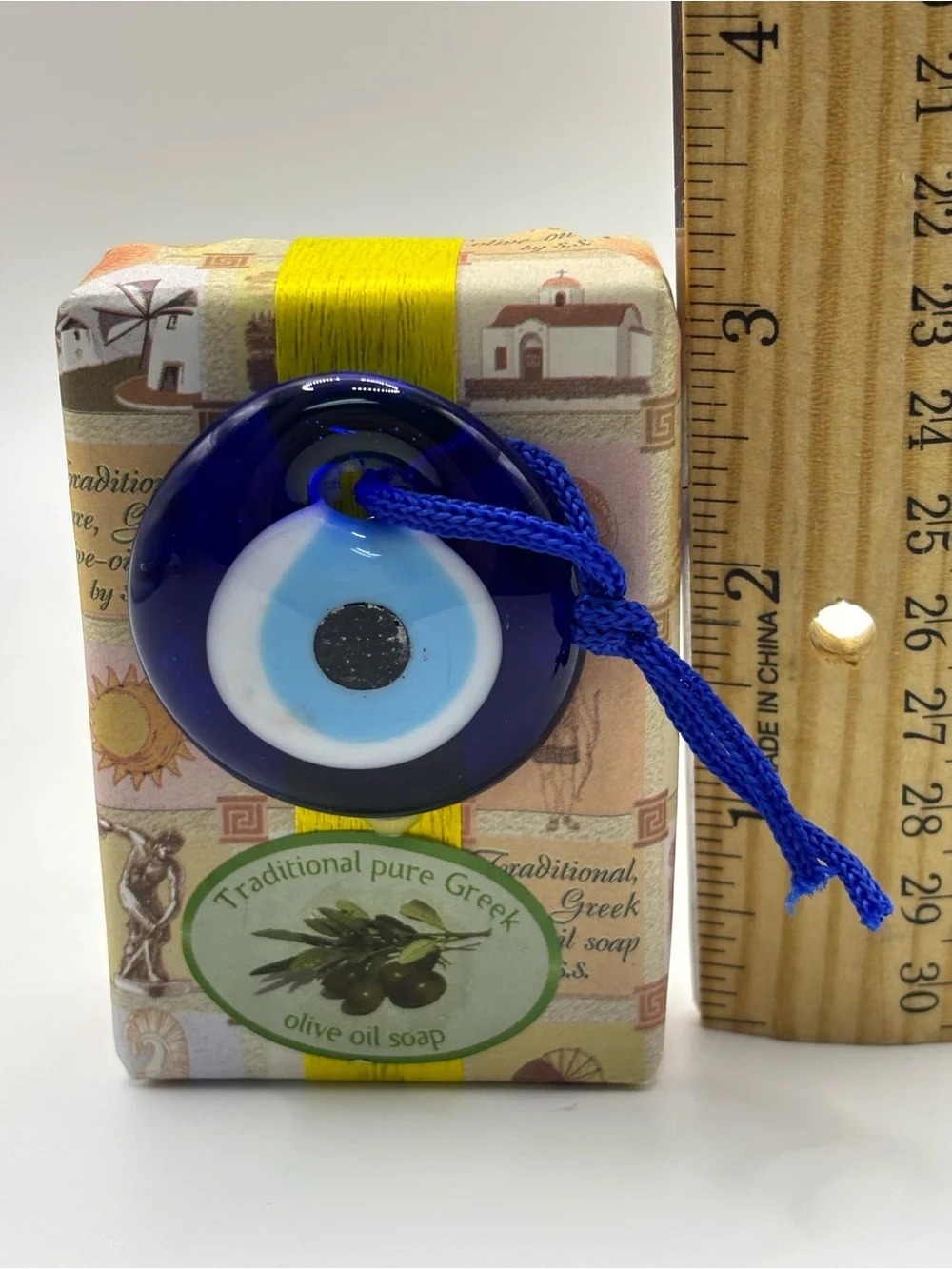 2Traditional Pure Greek Olive Oil Soap with Blue Turkish Evil Eye Charm Blue 2”